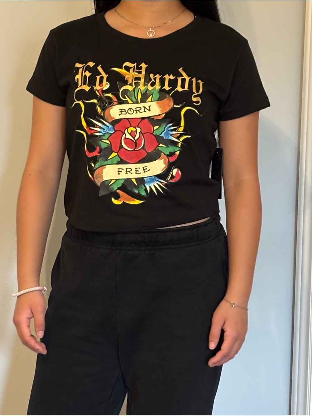 Ed Hardy NWT Y2K Black Short Sleeve Baby Tee with Multicolor Rose Graphic